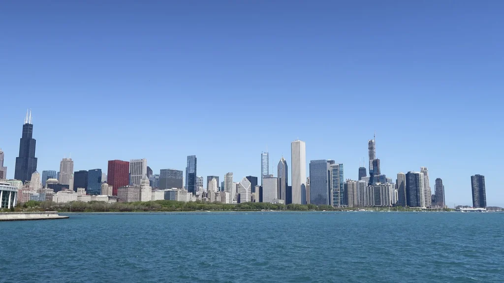 Chicago skyline viewed from the Lake Michigan shoreline